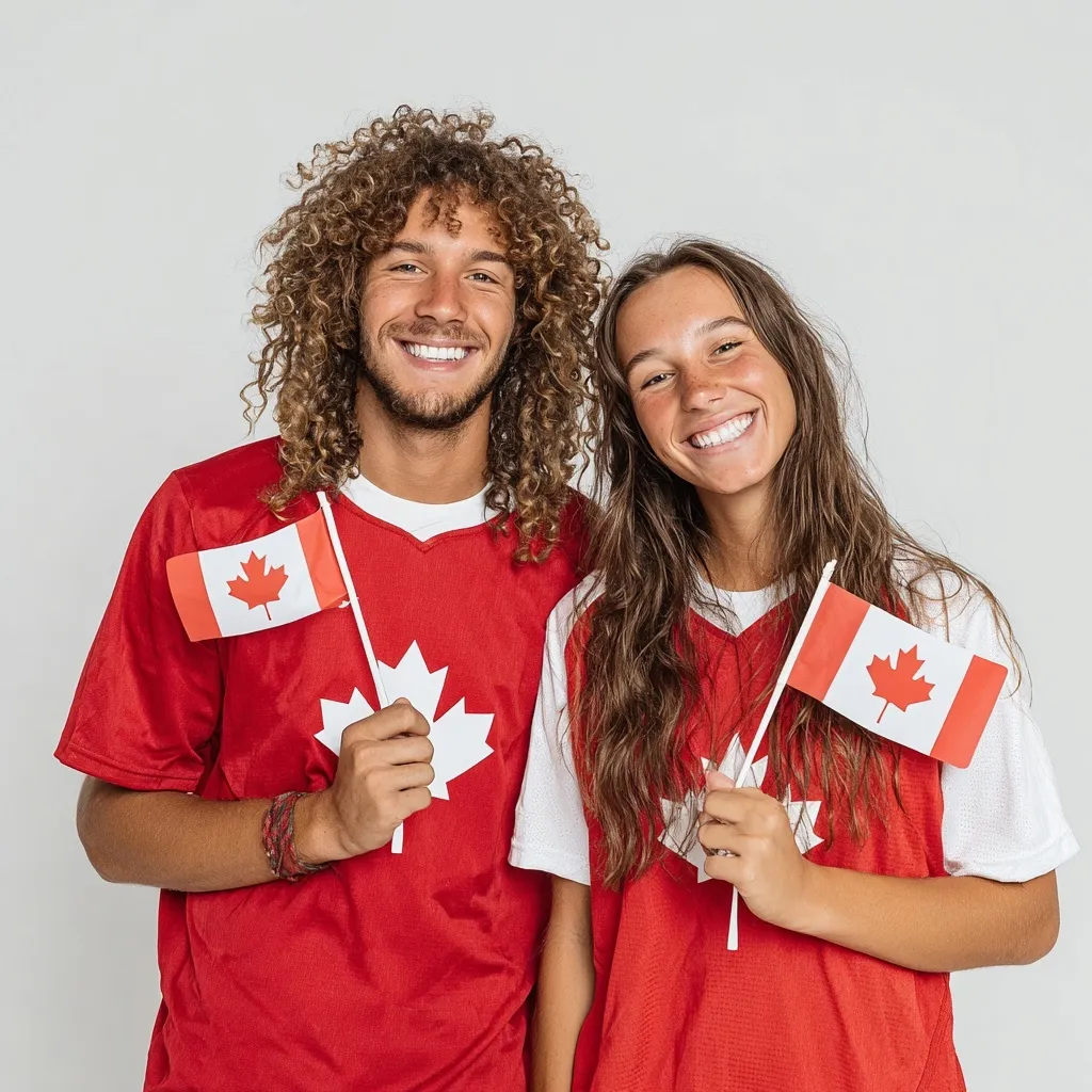 Two cheering Canadian soccer fans wearing jerseys and holding Canada flags isolated on a white background.