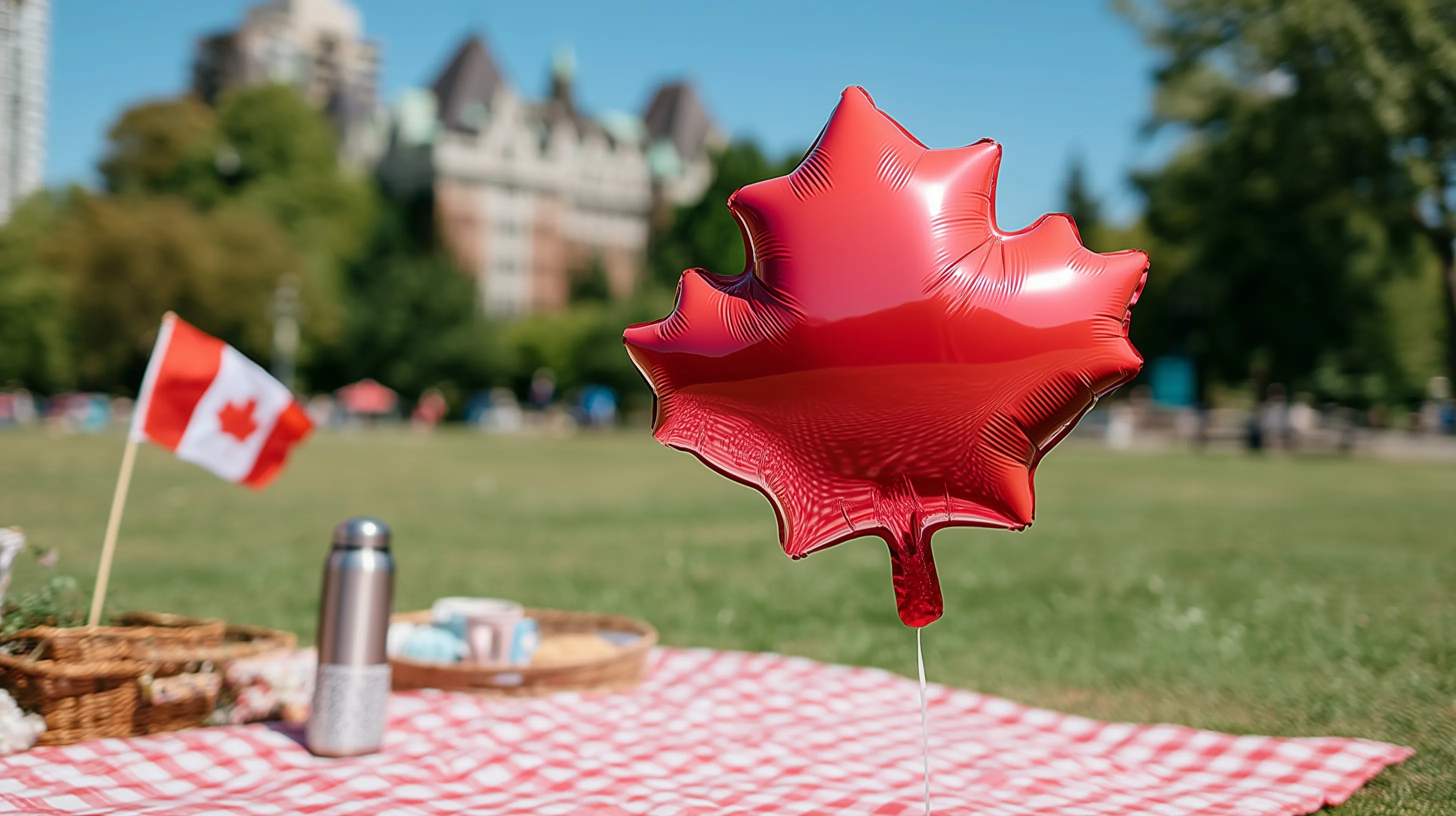 A red maple leaf balloon floating over a picnic blanket for Canada Day with copy space on a sunny grass background.