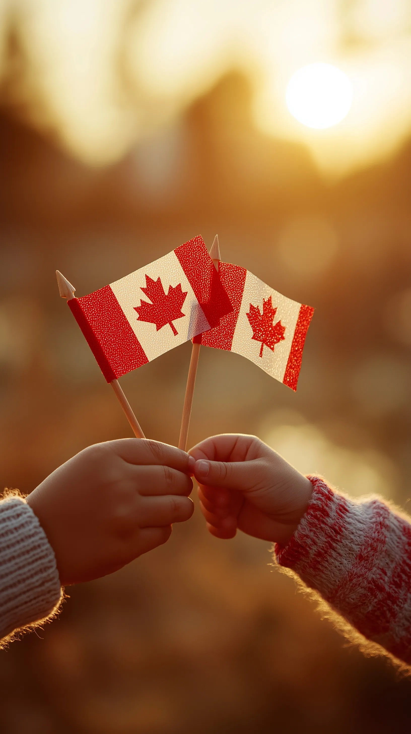 Small child holding a miniature Canadian flag in soft morning sunlight with a blurred natural background.