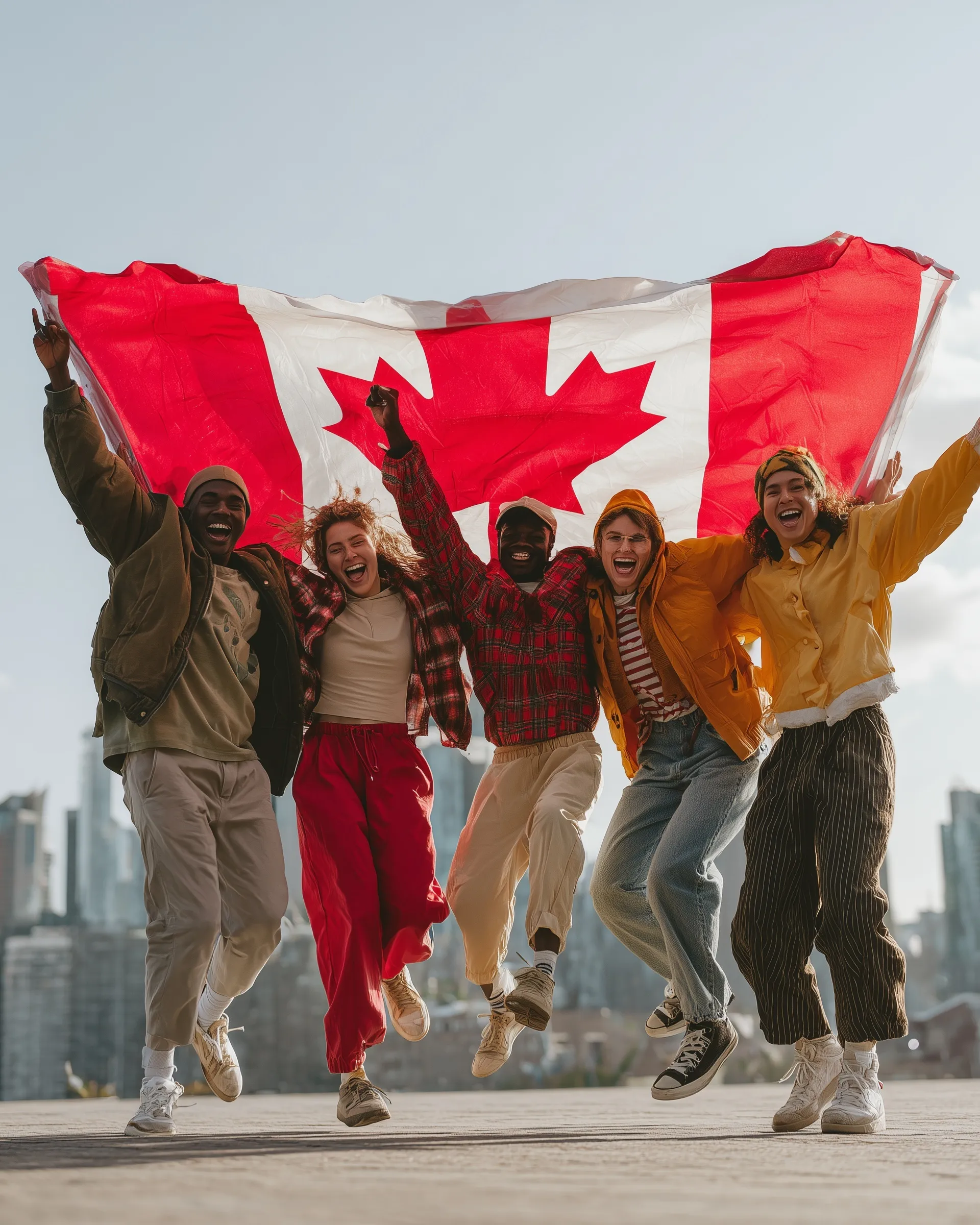 Diverse group of happy people celebrating Canada Day by holding a large Canadian flag together outdoors.