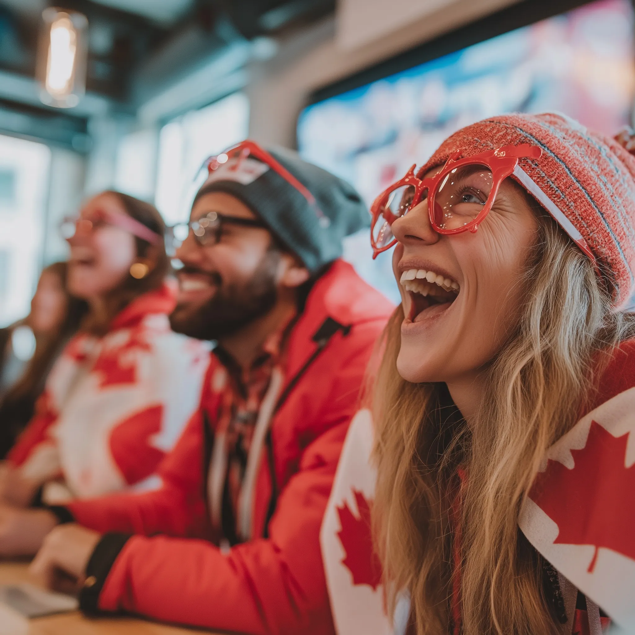 Colleagues laughing at a Canada Day office party wearing maple leaf glasses and Canadian flag capes.