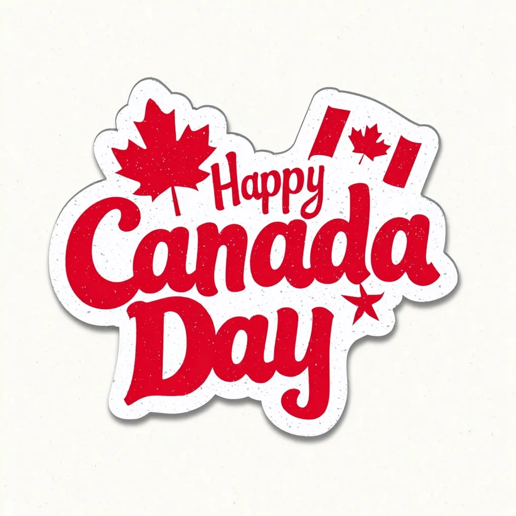 A red and white Happy Canada Day sticker design featuring a maple leaf and Canadian flag on a clean white background.