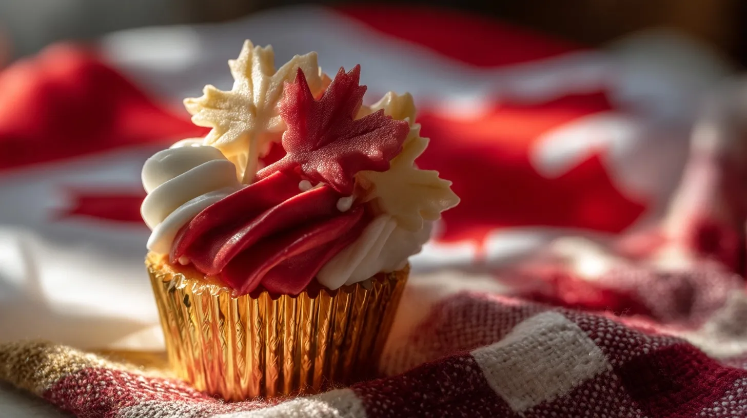 A festive Canada Day cupcake topped with a red maple leaf, set against a soft-focus Canadian flag backdrop.