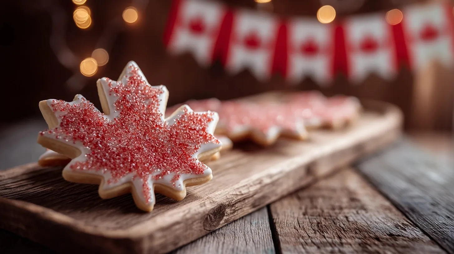 A festive maple leaf cookie with red and white icing on a rustic wooden tray for Canada Day celebrations.