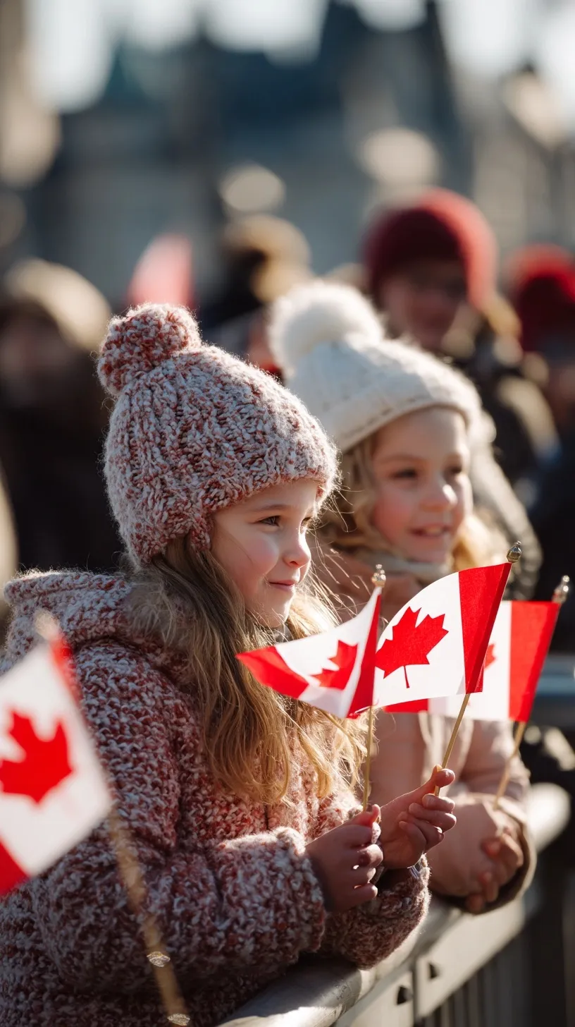 Happy children holding small Canadian flags to celebrate Canada Day.