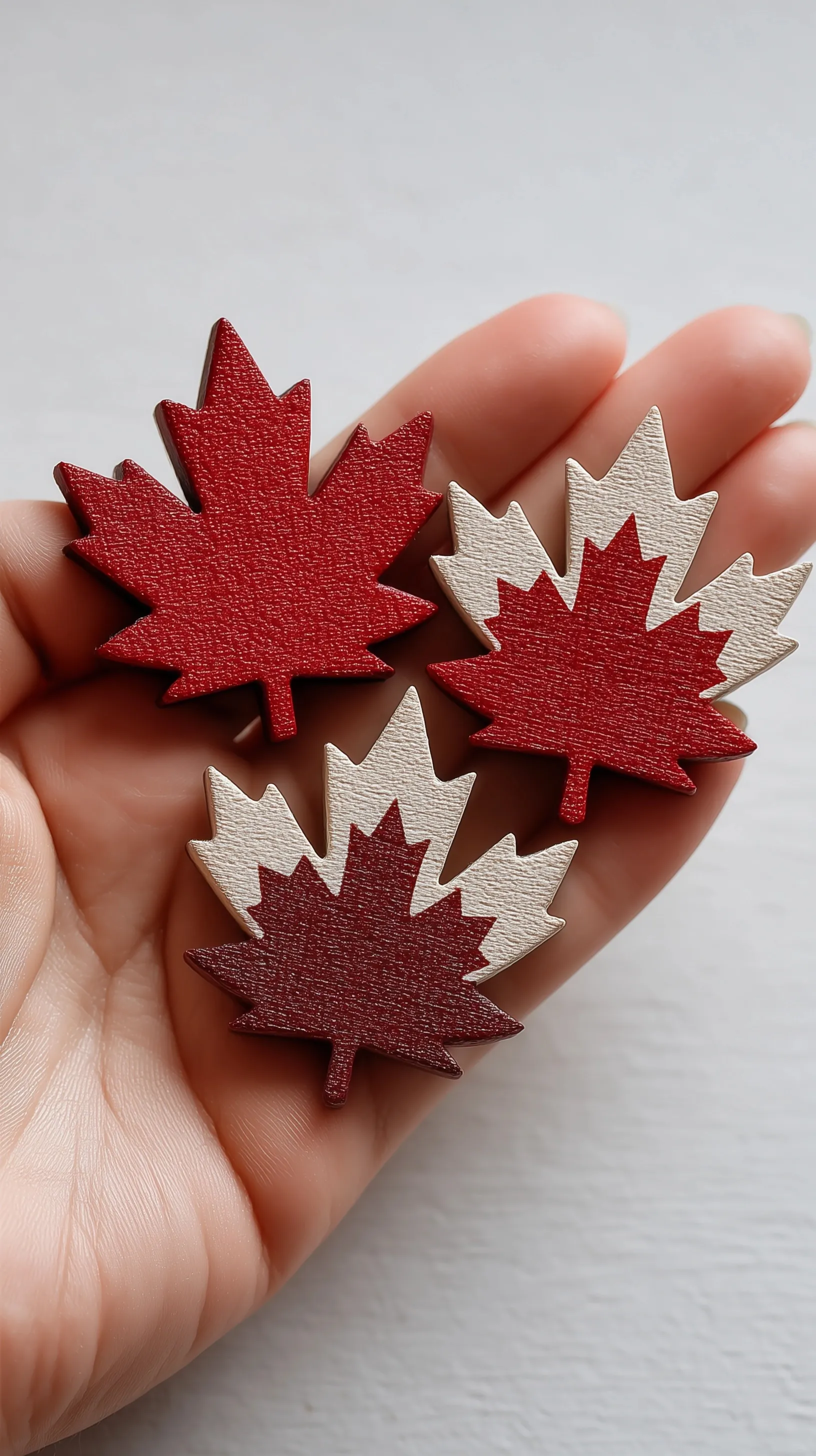 Flat lay of Canada Day decorations with maple leaves, mini flag, and wooden stars on a clean white background.