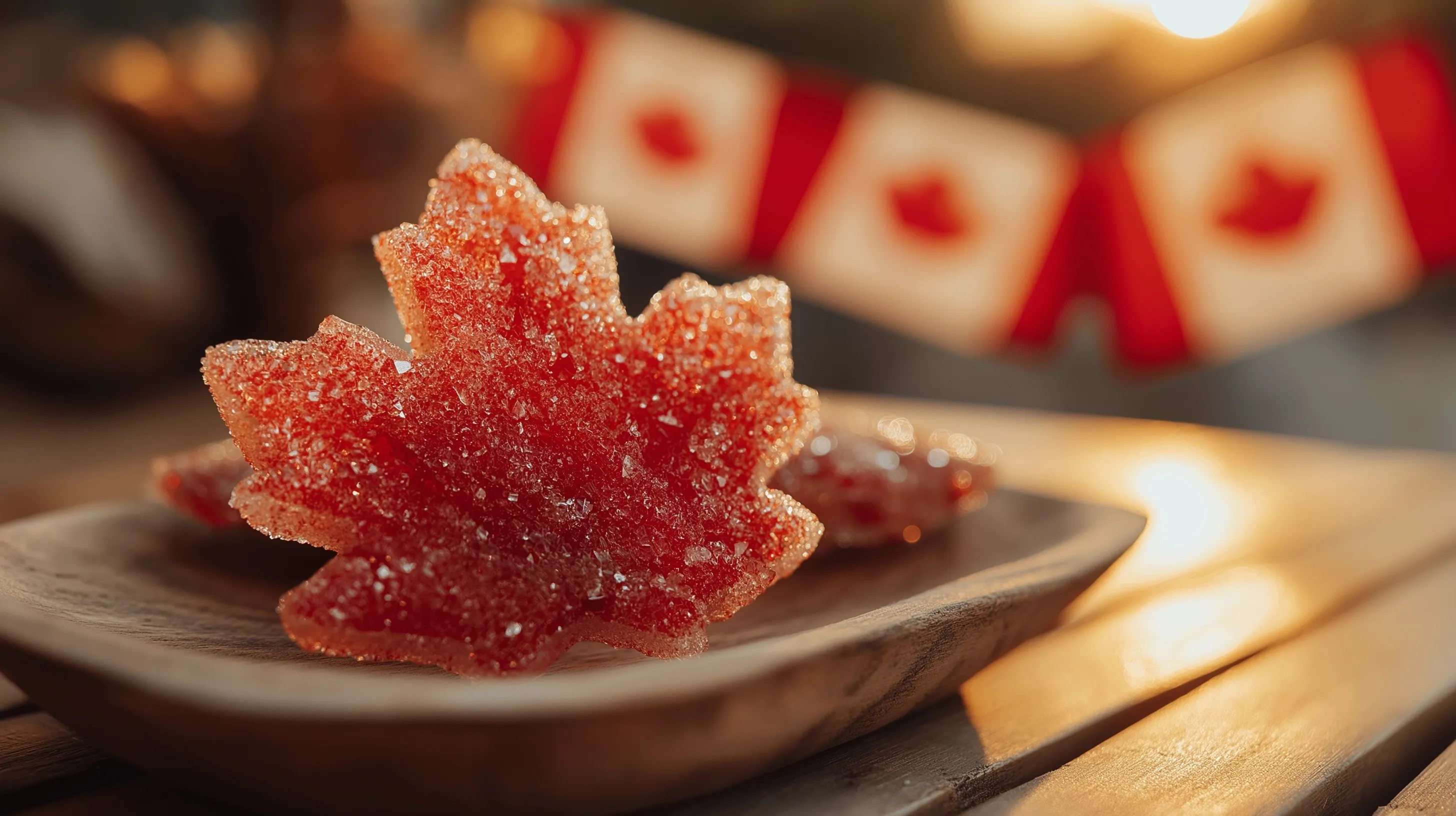 A red maple leaf cookie on a rustic wooden plate with blurred Canada Day bunting in the background.
