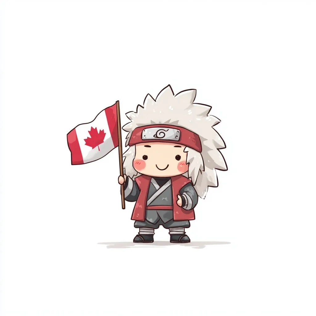 A cute chibi anime-style Jiraiya character waving a Canadian flag against a plain white background.