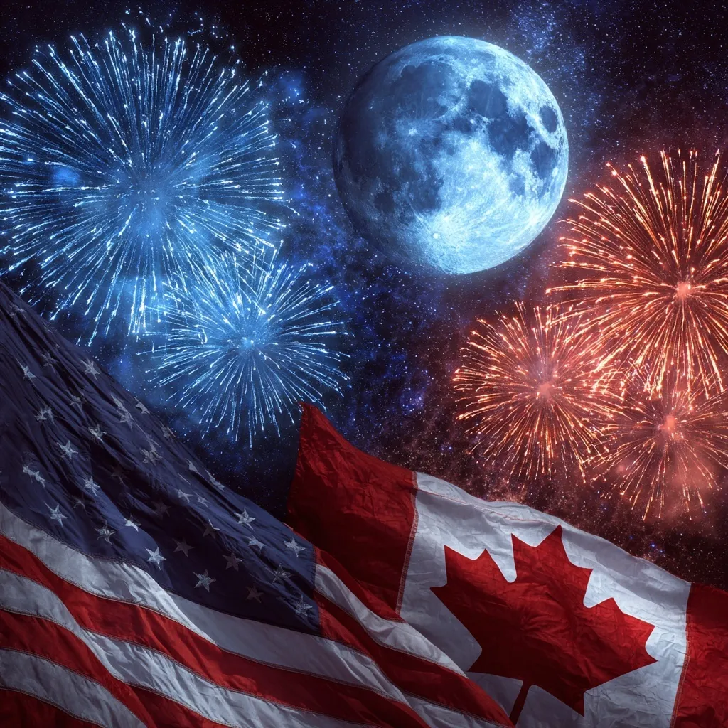 Colorful Canada Day fireworks illuminating the sky alongside Canadian and American flags under a bright blue moon.