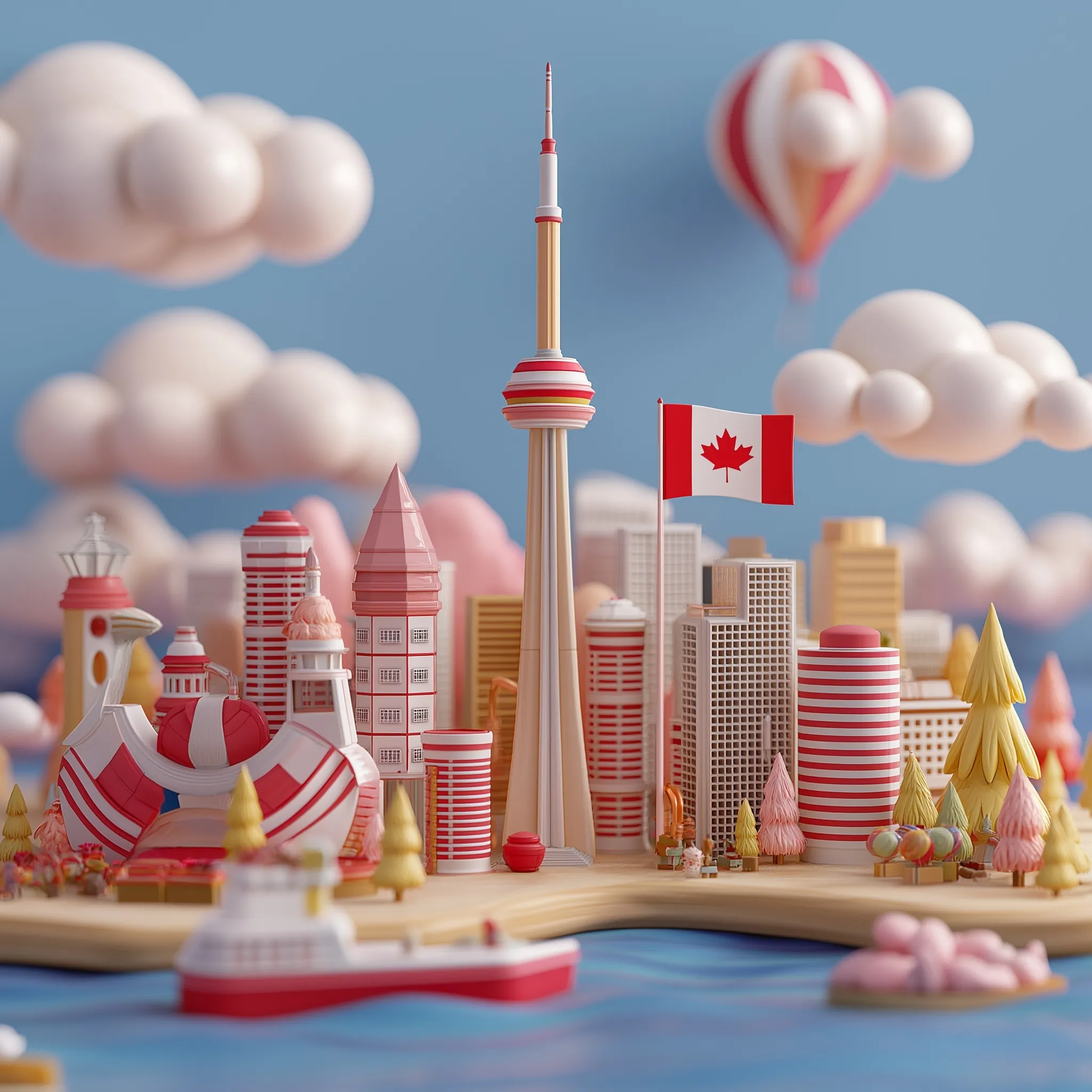 3D digital art illustration featuring iconic Canadian symbols and patriotic red and white Canada Day themes.