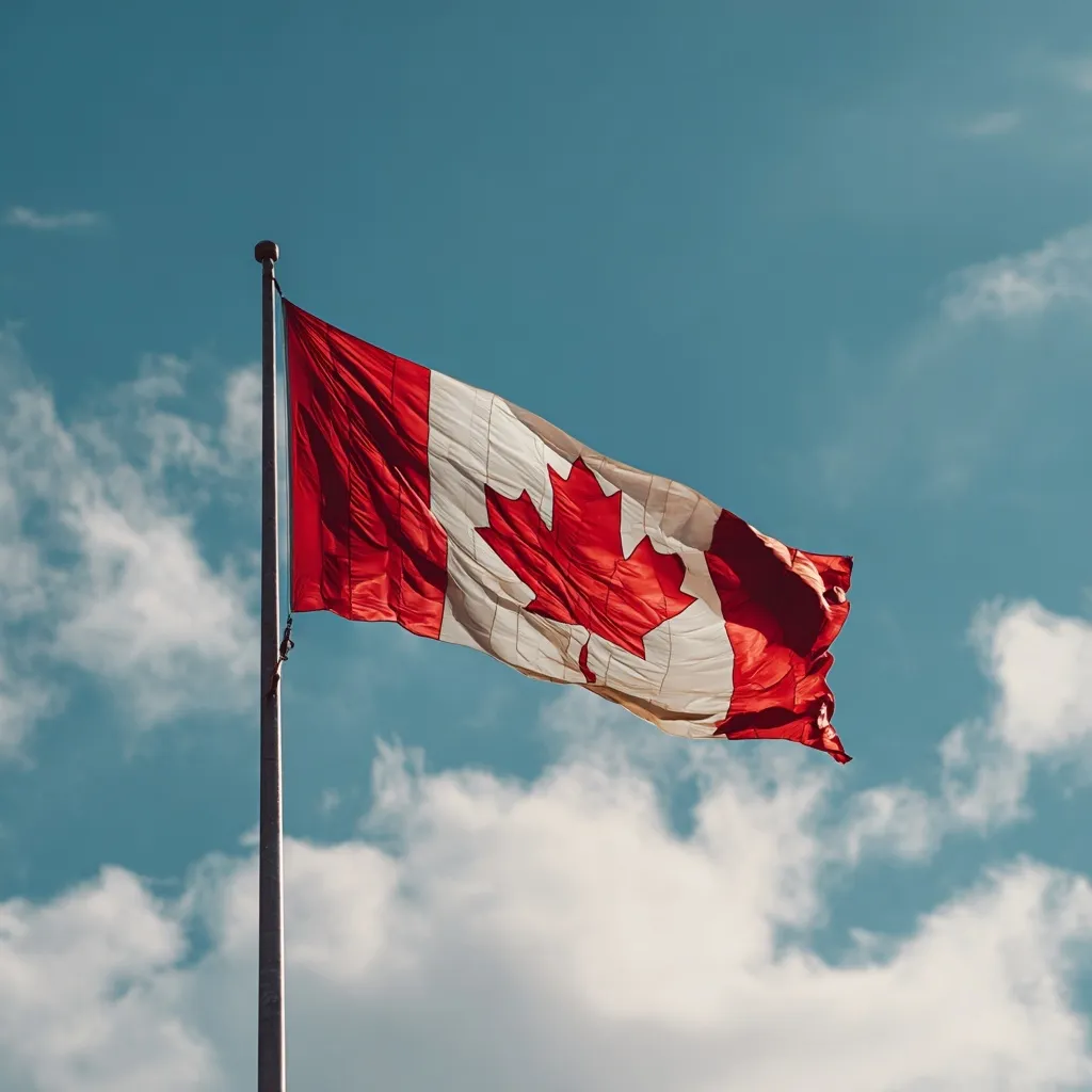 The Canadian flag waving in the wind against a clear blue sky, celebrating Canada Day.