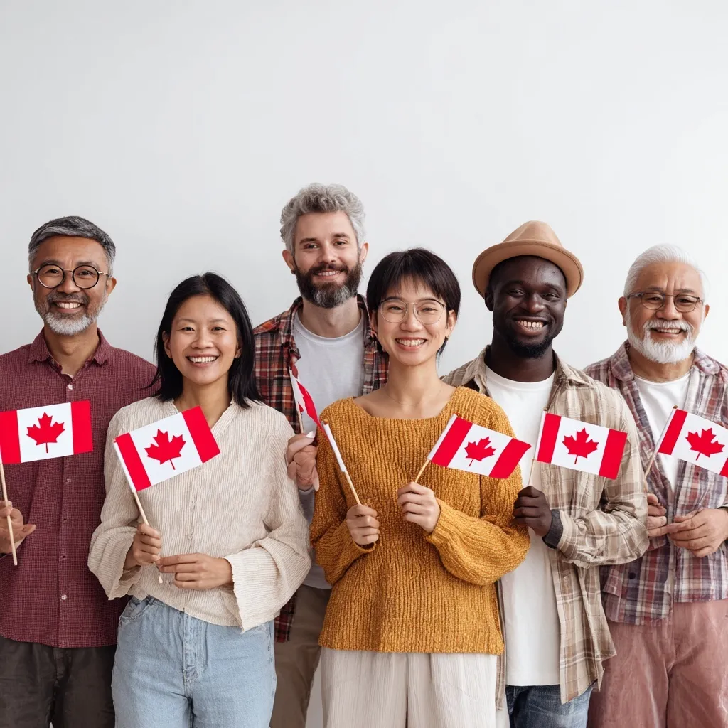 Diverse group of professional employees and learners holding small Canadian flags to celebrate Canada Day.