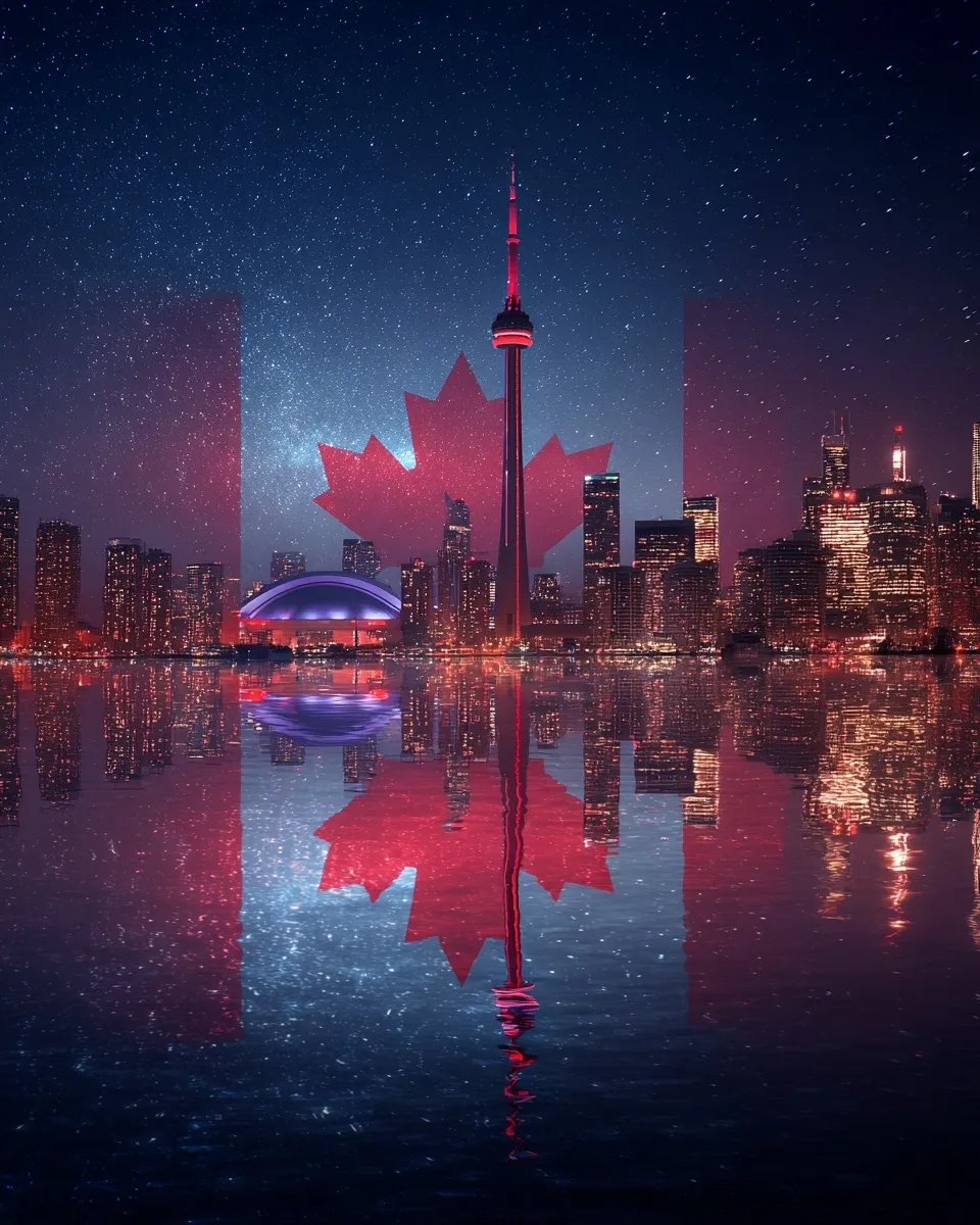 A realistic, spectacular skyline view of downtown Toronto illuminated for a Canada Day celebration.