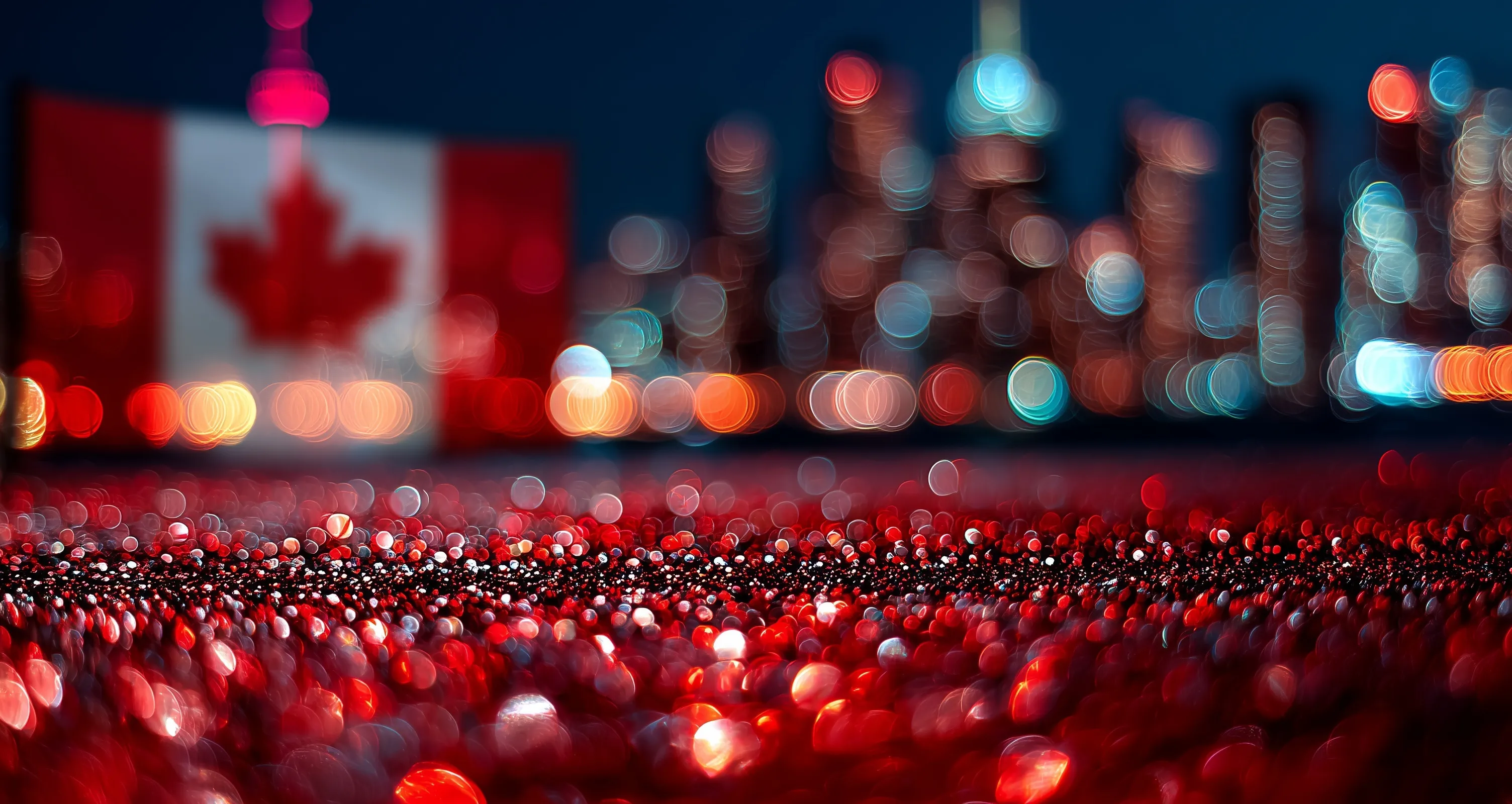 Canada Day Zoom background with a red glitter Canadian flag and blurred night city skyline bokeh.