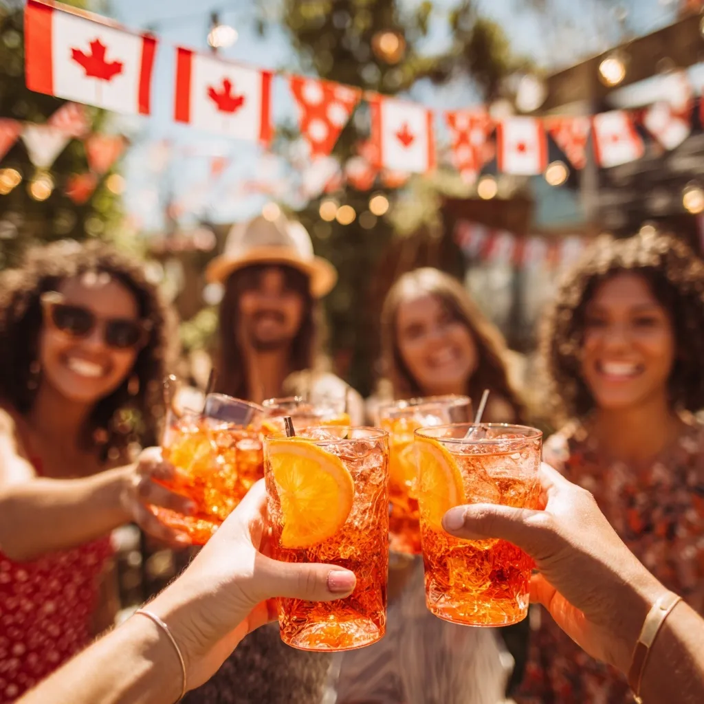 Friends toasting with Aperol Spritz cocktails at a festive outdoor Canada Day party with red and white decorations.
