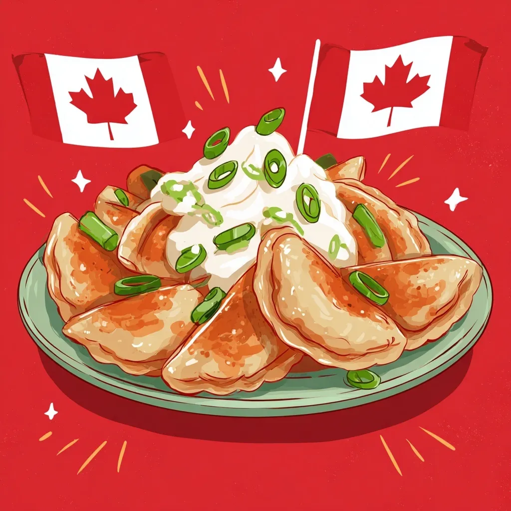 A cartoon-style illustration of a plate of pierogies with sour cream for a Canada Day social media post.