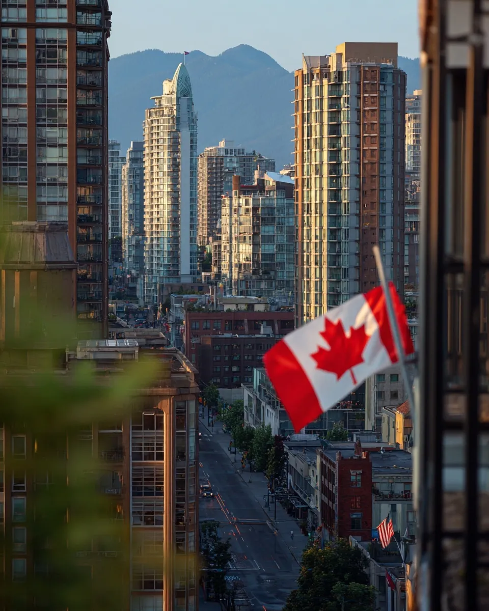Scenic British Columbia cityscape featuring a prominent Canadian flag celebrating Canada Day.