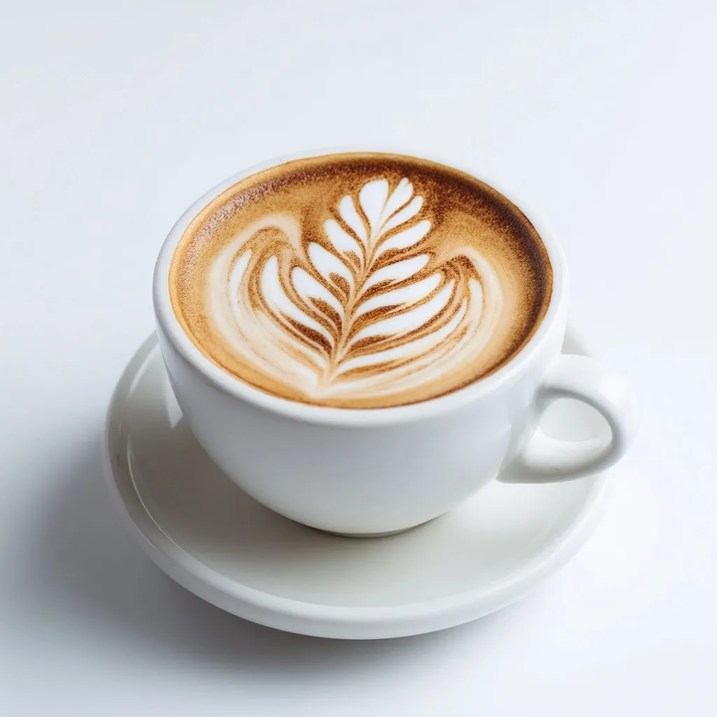 A professional cappuccino with intricate heart latte art in a white ceramic cup against a clean white background.
