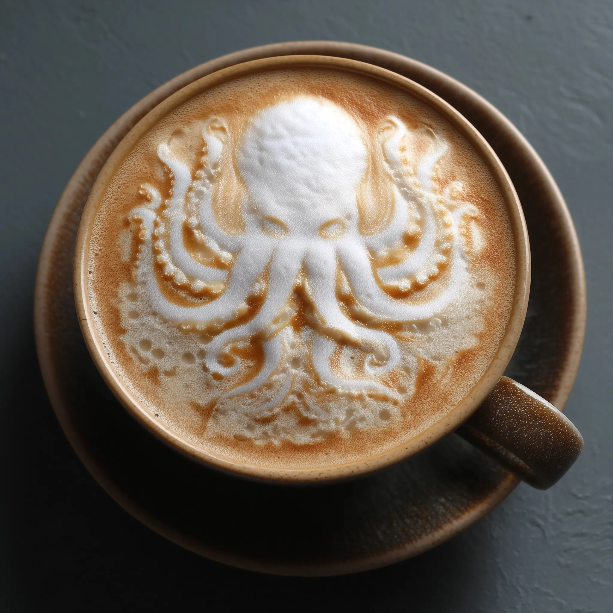 A professional close-up of a cappuccino featuring intricate latte art shaped like the mythical creature Cthulhu.