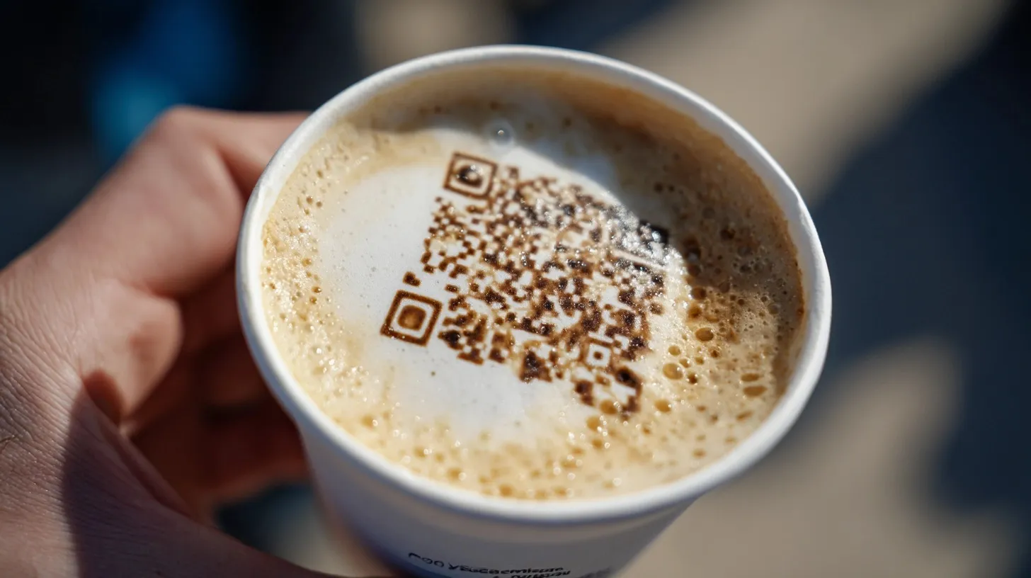 A barista holding a coffee cup featuring a unique QR code design in professional latte art foam outdoors.