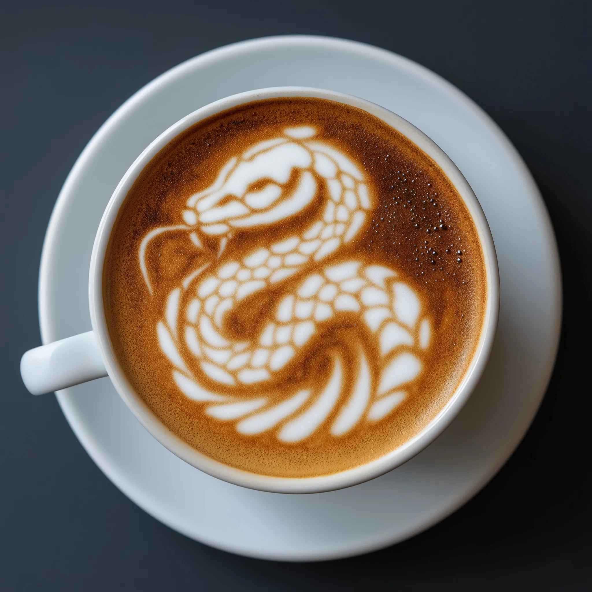 Top-down view of a flat white coffee featuring unique snake-shaped latte art isolated on a white background.