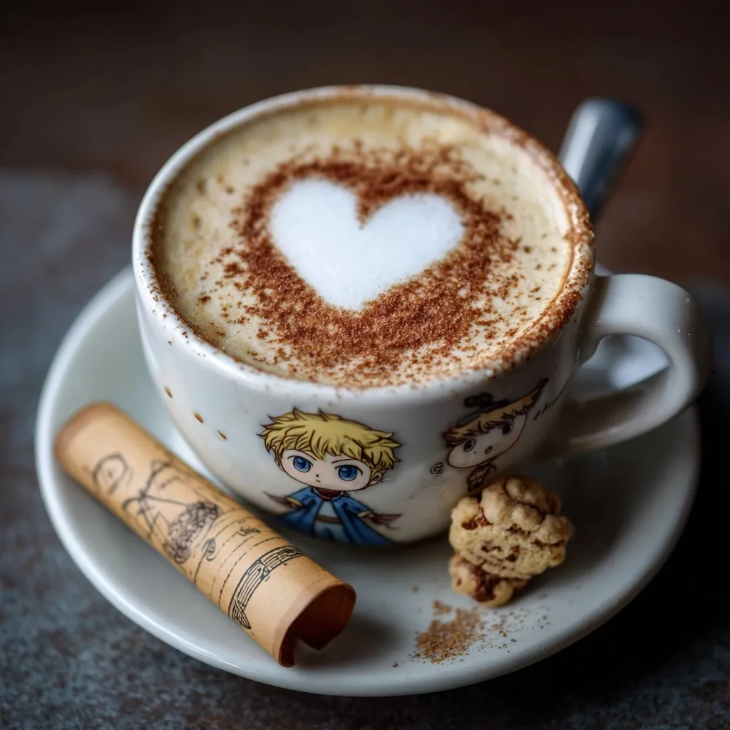 A cappuccino with heart latte art, cinnamon, and Little Prince anime-style illustrations on the ceramic cup.