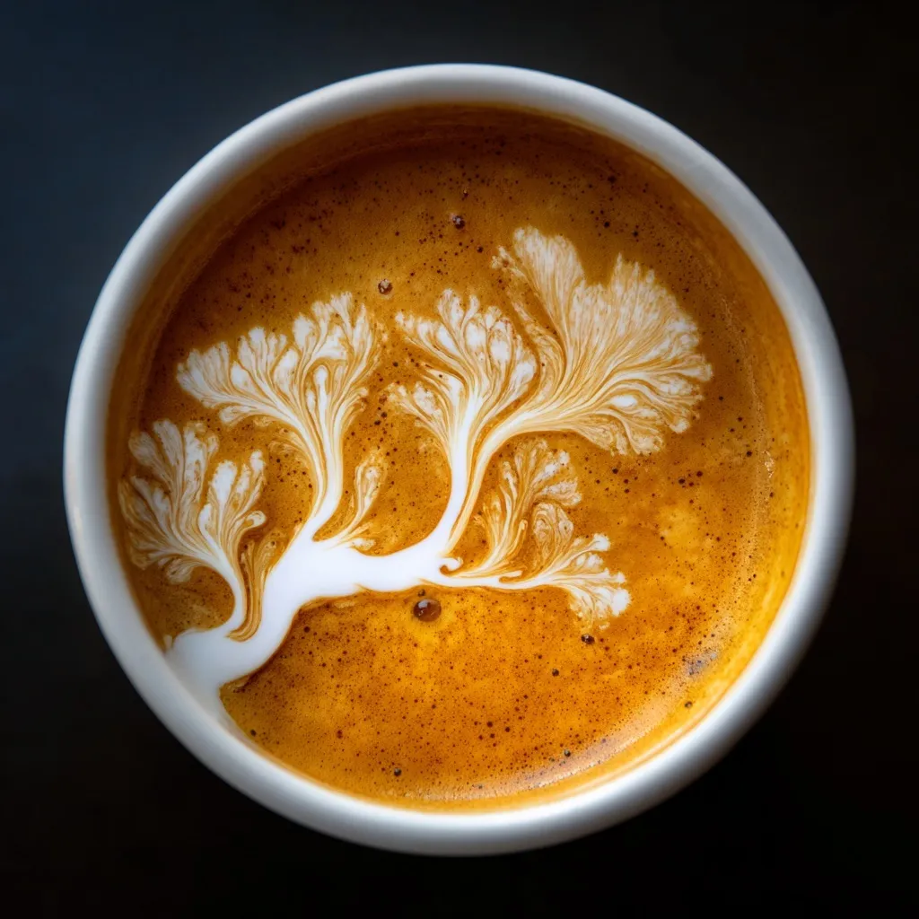 A close-up of a cappuccino with artistic latte art foam shaped like a delicate tree branch.