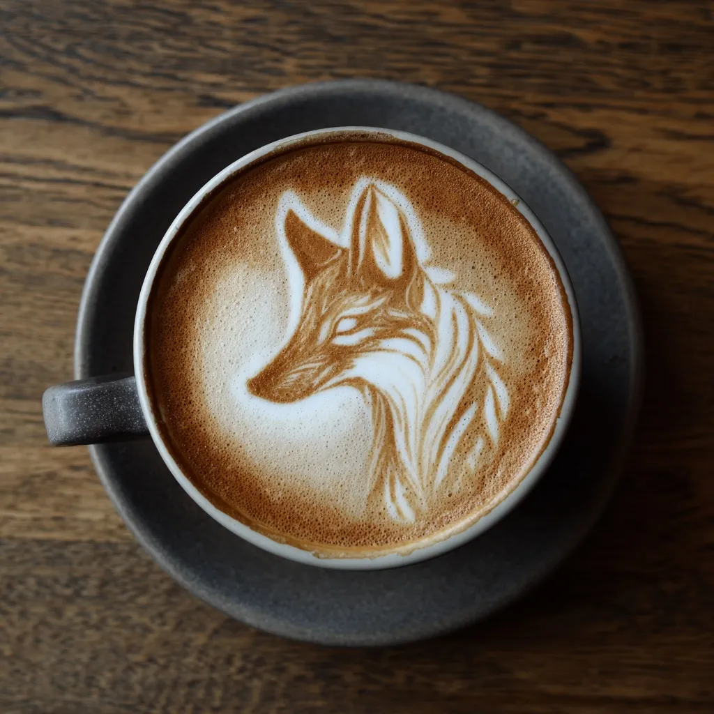 Overhead shot of a coffee cup with intricate coyote latte art served on a rustic wooden table.