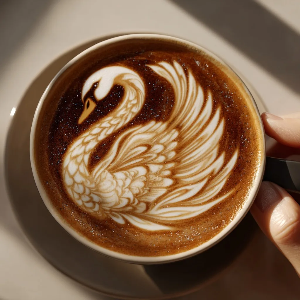 Close-up of a cappuccino with intricate swan latte art held by a hand in bright daylight.