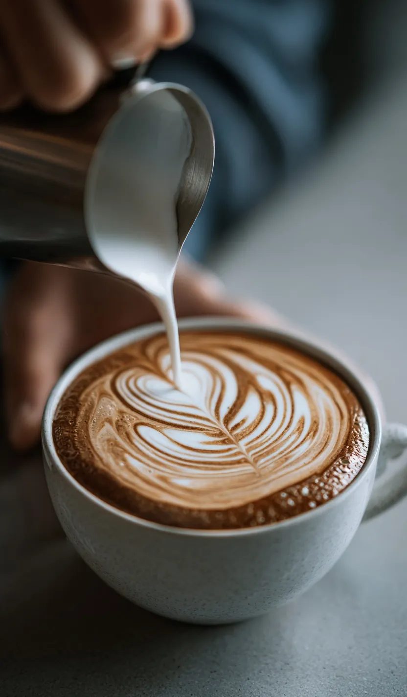 A barista creating intricate floral latte art on a creamy cappuccino with cinematic lighting and soft focus.