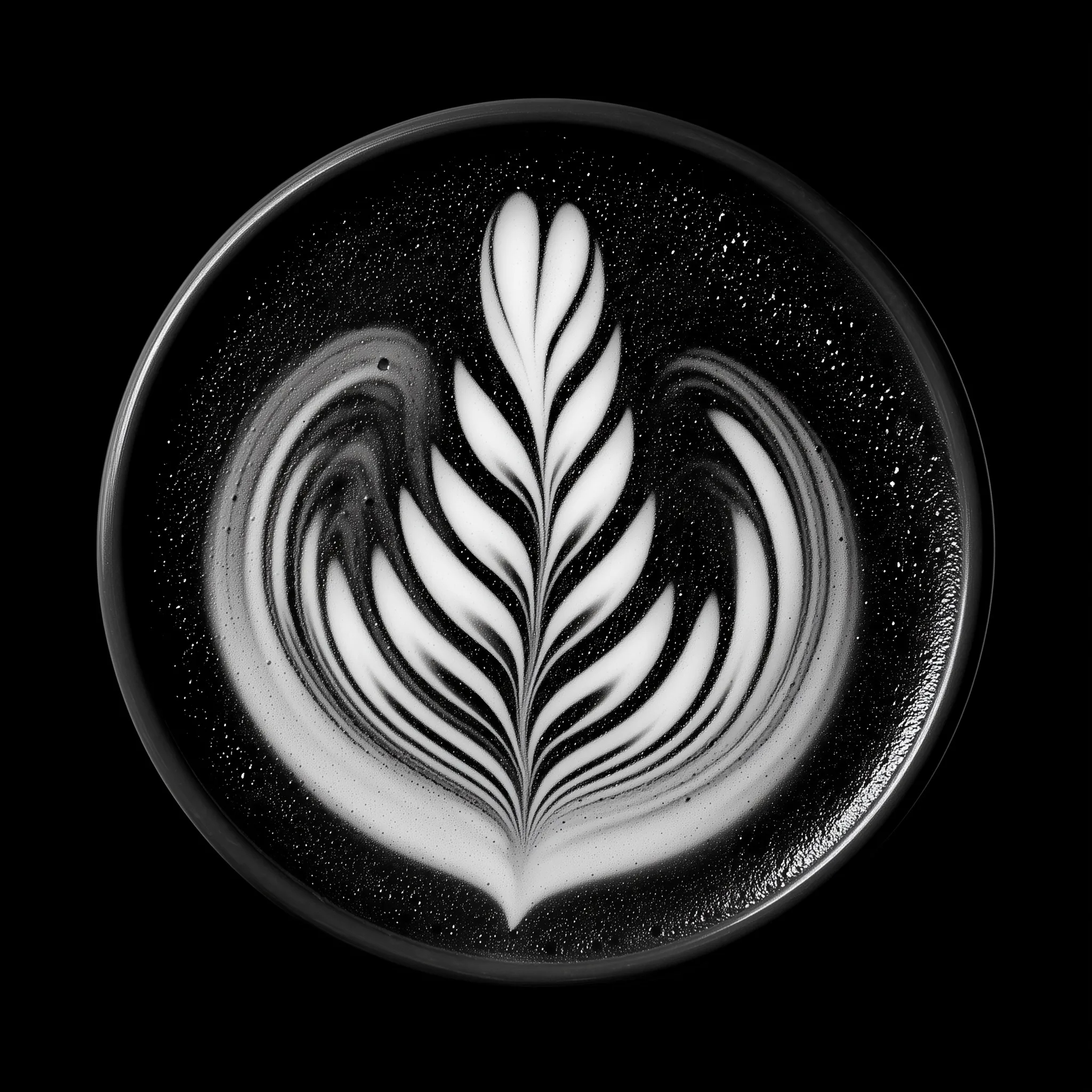 Top-down view of a realistic white tulip latte art foam pattern isolated on a black background.