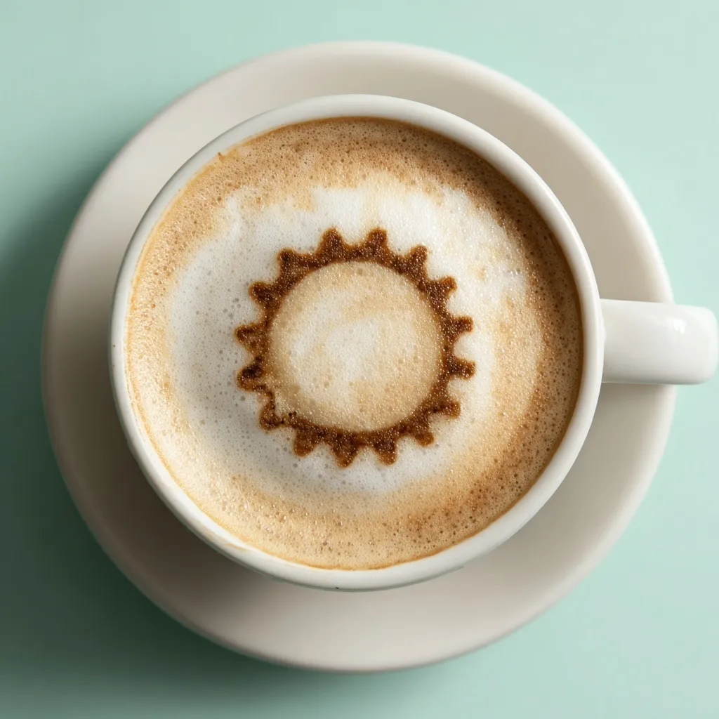 Top-down view of a cappuccino with a unique bottle cap latte art design on a white saucer and pastel green background.