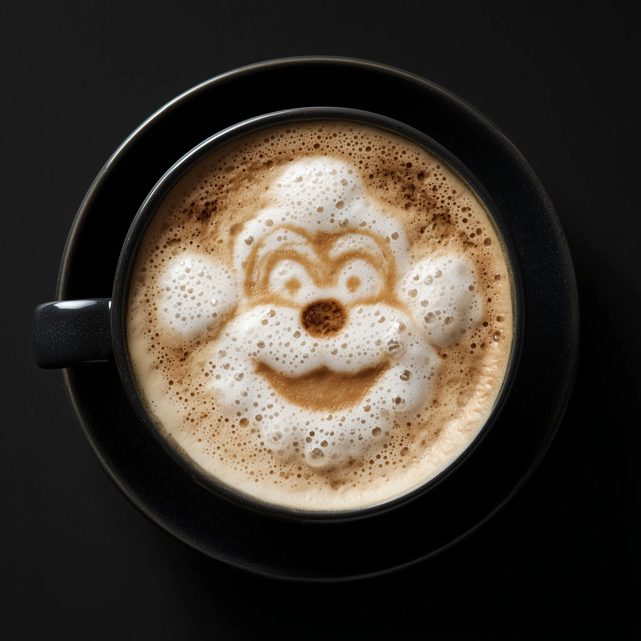 Cappuccino in a black cup featuring intricate clown-shaped latte art with foam bubbles, top-down view.