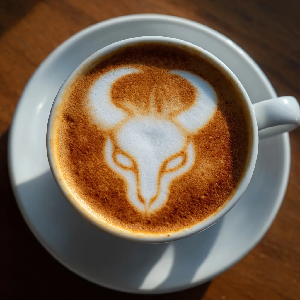 Top-down view of a flat white coffee featuring playful devil face latte art with horns in a cozy cafe setting.