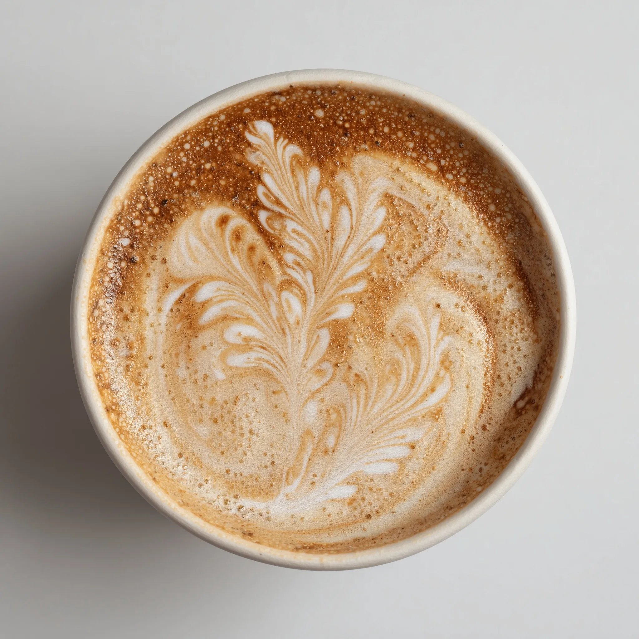 Top-down view of a cappuccino with a detailed barista latte art leaf pattern in white coffee foam.