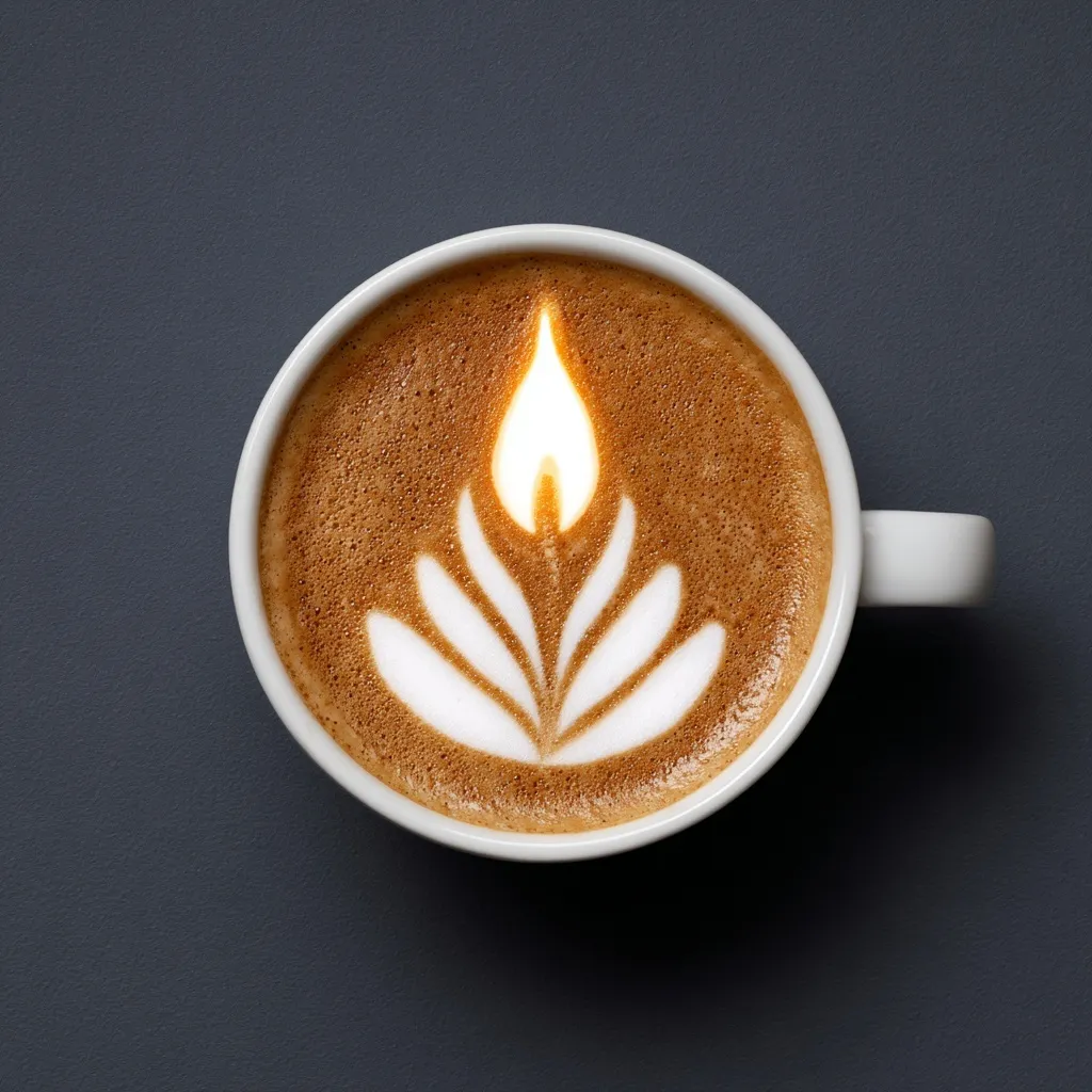 A top-down view of a cappuccino with Christmas candle latte art in a white cup against a dark gray background.