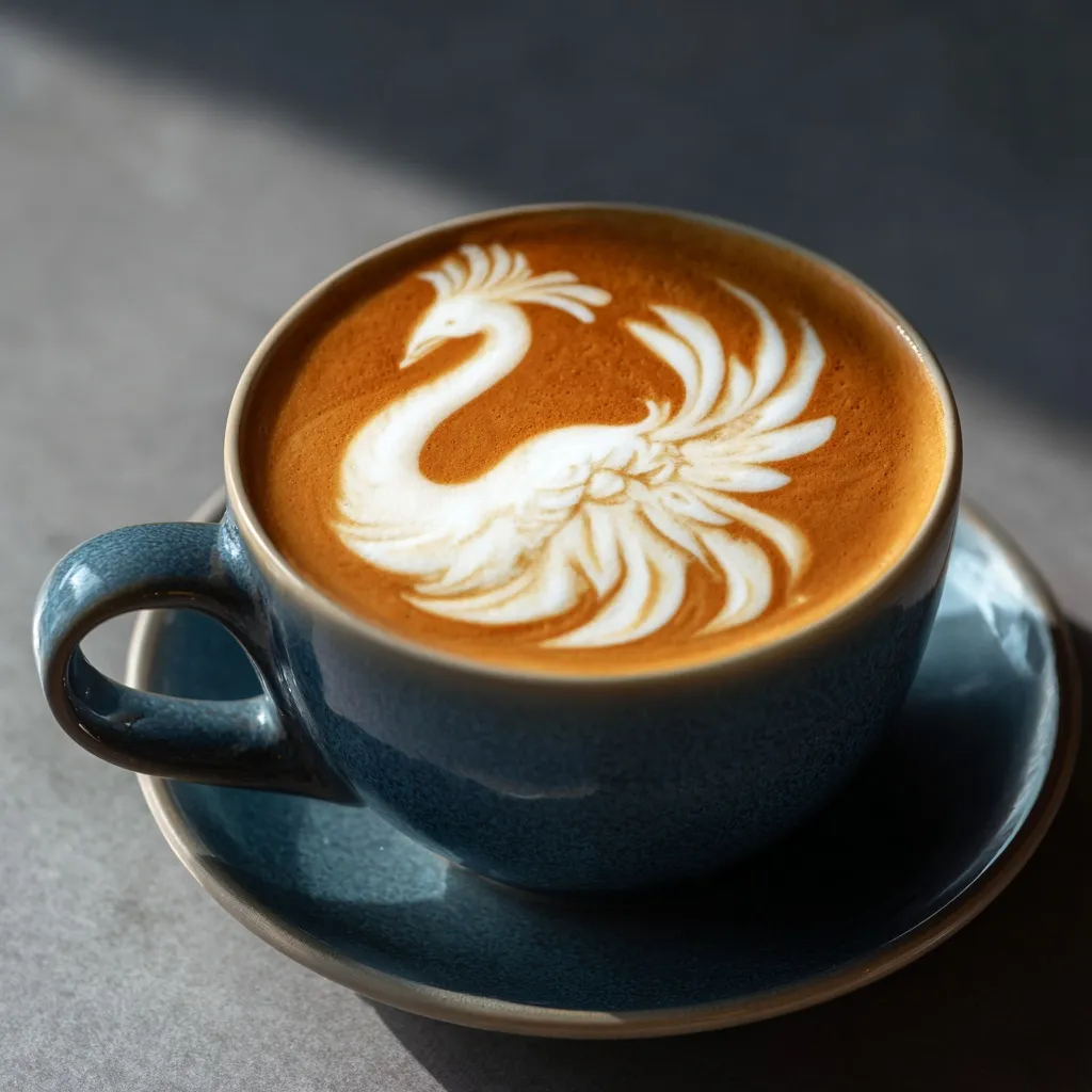Professional barista pouring intricate heart-shaped latte art during a competitive coffee brewing contest.