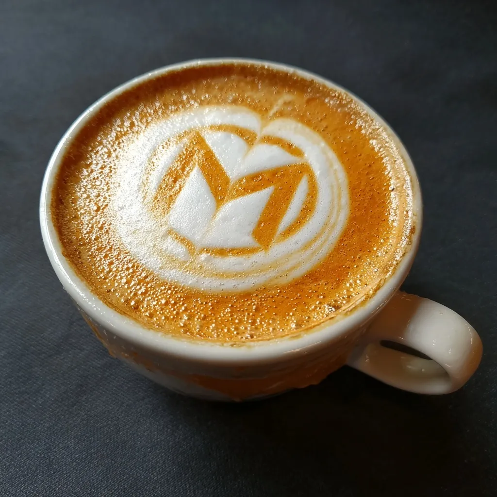 A professional barista-made cappuccino featuring detailed Monero cryptocurrency logo latte art in foam.