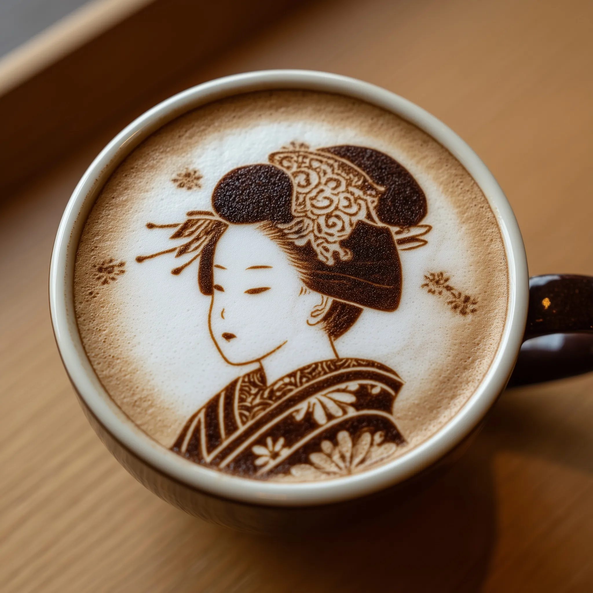 Latte art of a Japanese maiko in milk foam on a wooden counter with soft lighting.