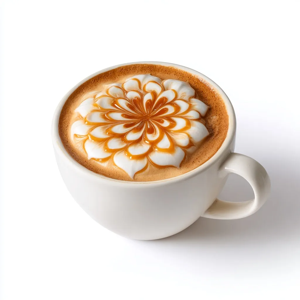 A professional product shot of a cappuccino with a caramel flower latte art design in a white mug on a white background.