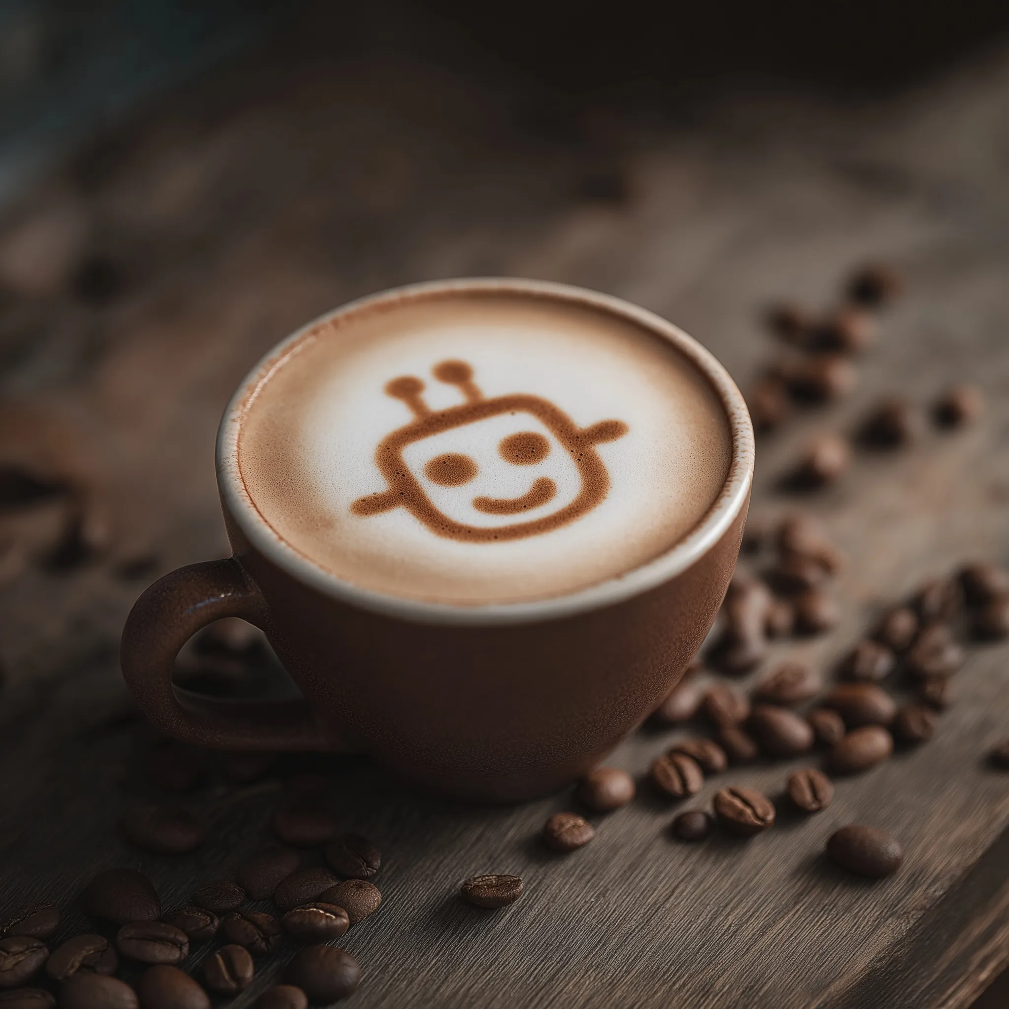 A cappuccino with robot-shaped latte art on a rustic wooden table surrounded by scattered coffee beans.