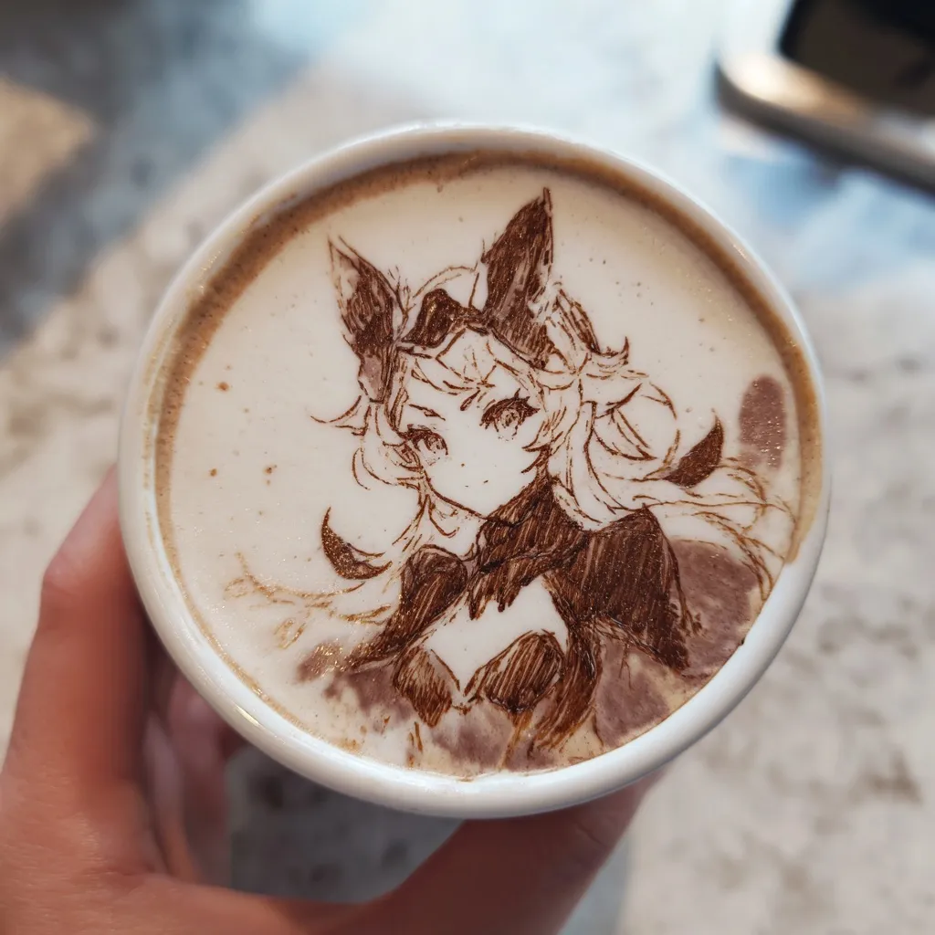 A professional barista-made cappuccino featuring intricate anime cat girl latte art in white foam.