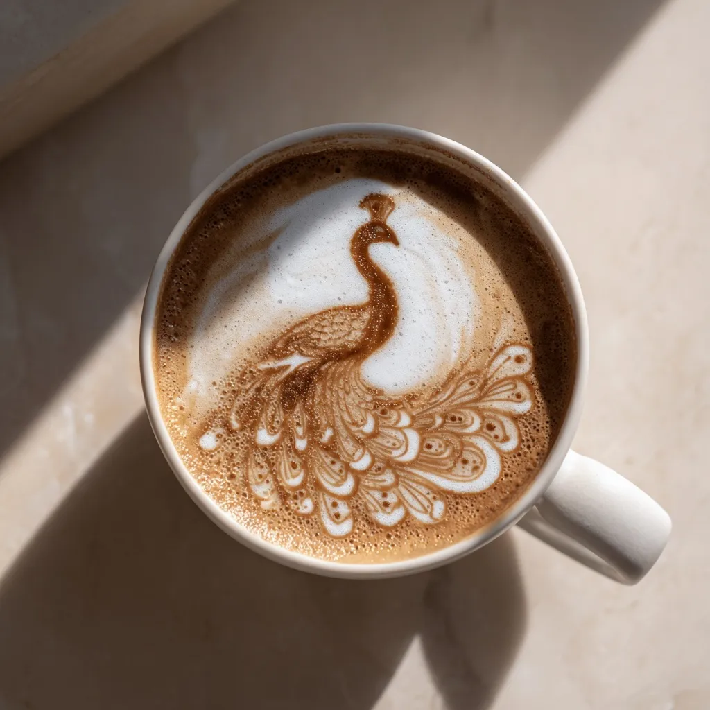 Top-down view of a cappuccino with peacock latte art on a travertine table in soft, dappled natural light.