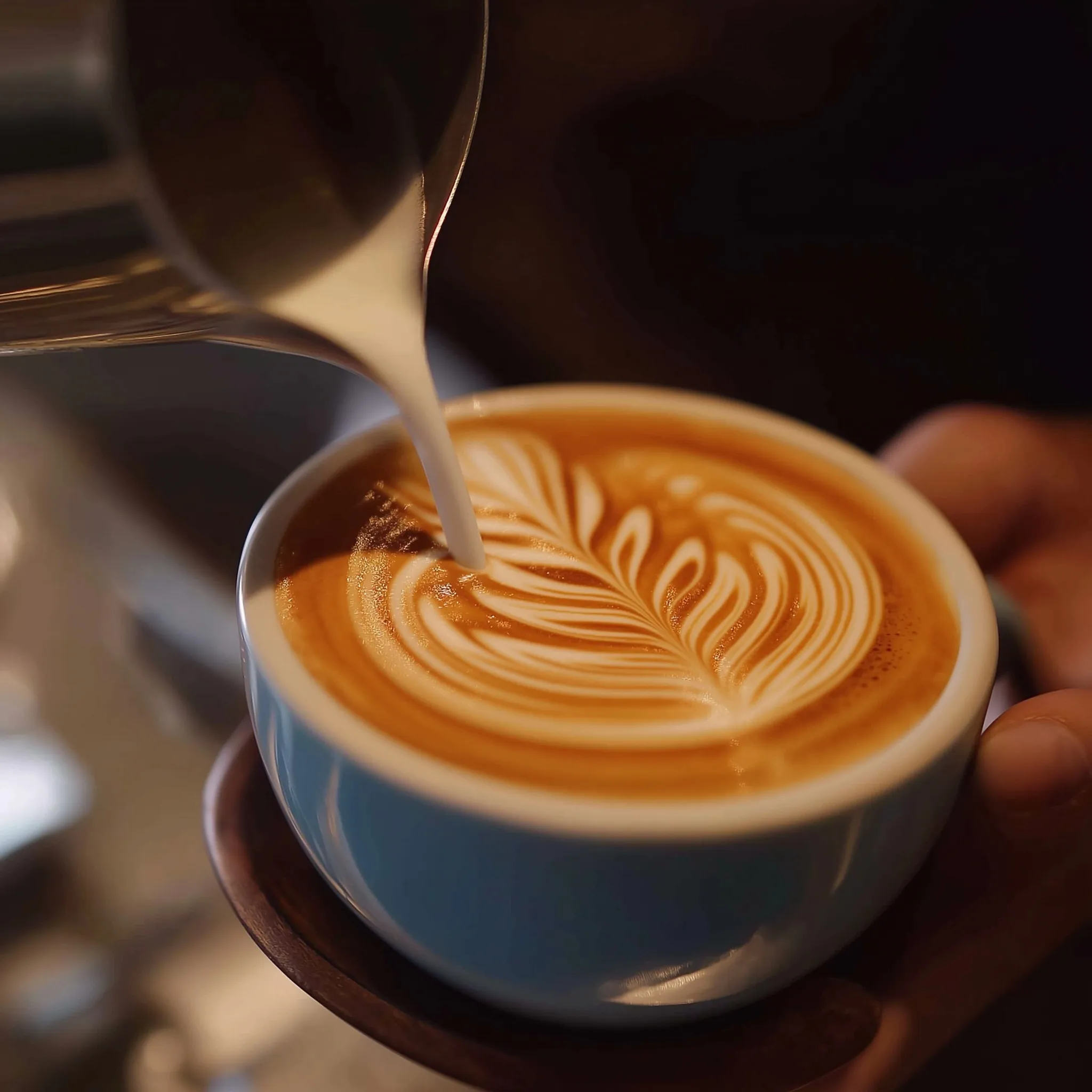 A barista pouring professional latte art into a cappuccino in a warm, atmospheric Jamaica Blue cafe setting.