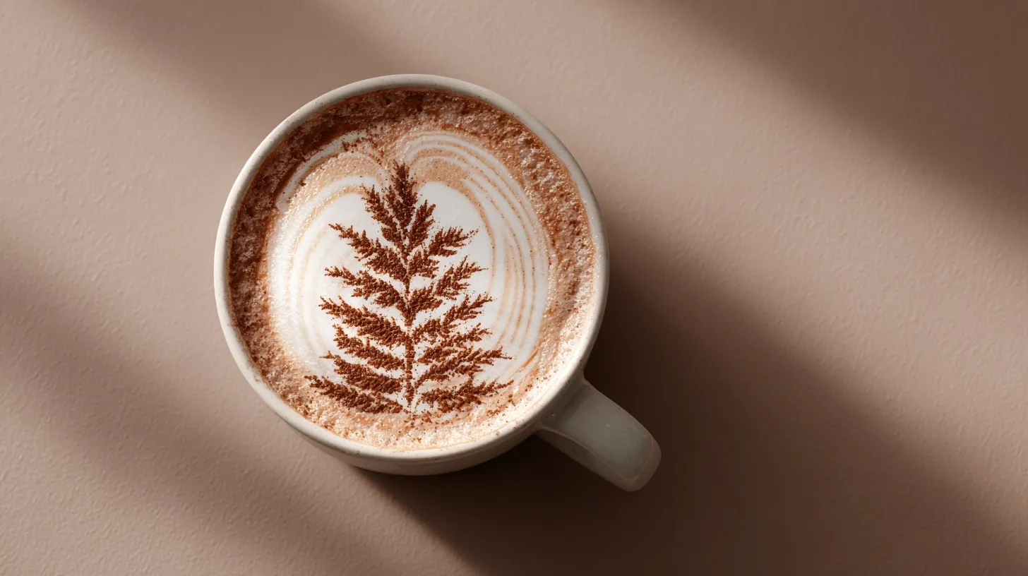 Top-down view of a cappuccino in a minimalist cup with a cocoa powder tree stencil on a clean taupe background.