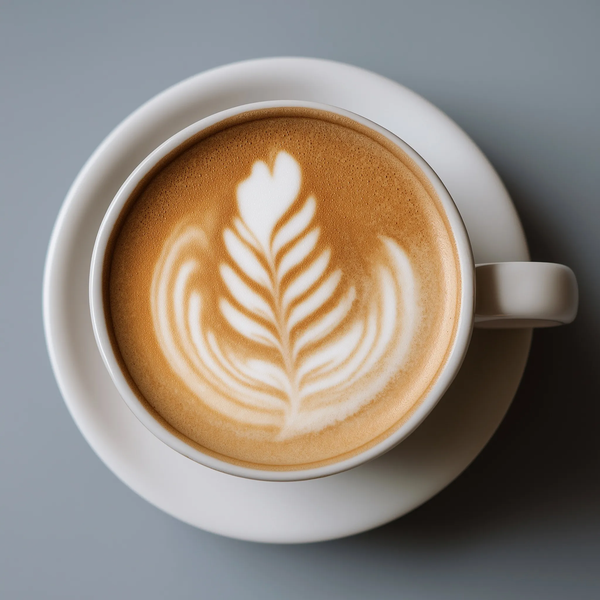 Top-down view of a white coffee cup with professional latte art foam design on a neutral background.
