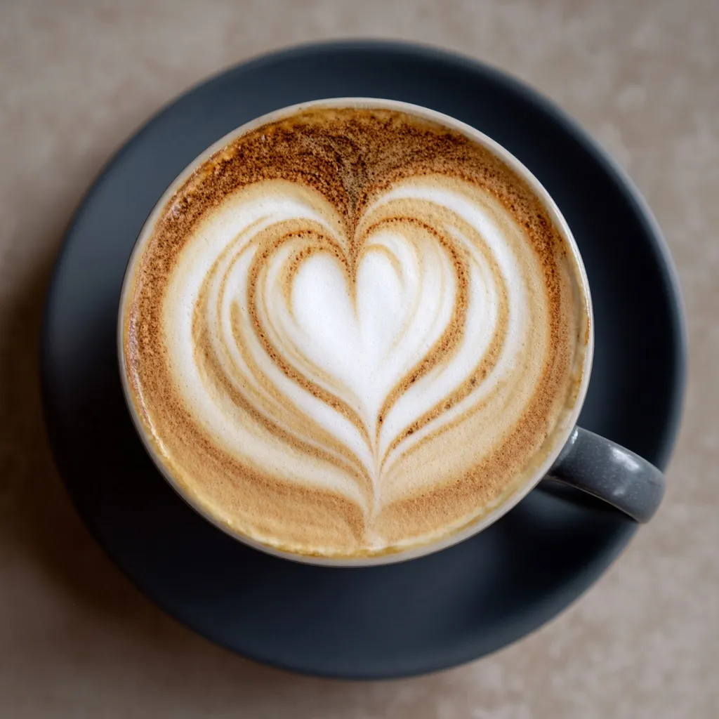 Top-down view of a fresh cappuccino in a white ceramic cup featuring beautiful heart-shaped latte art foam.