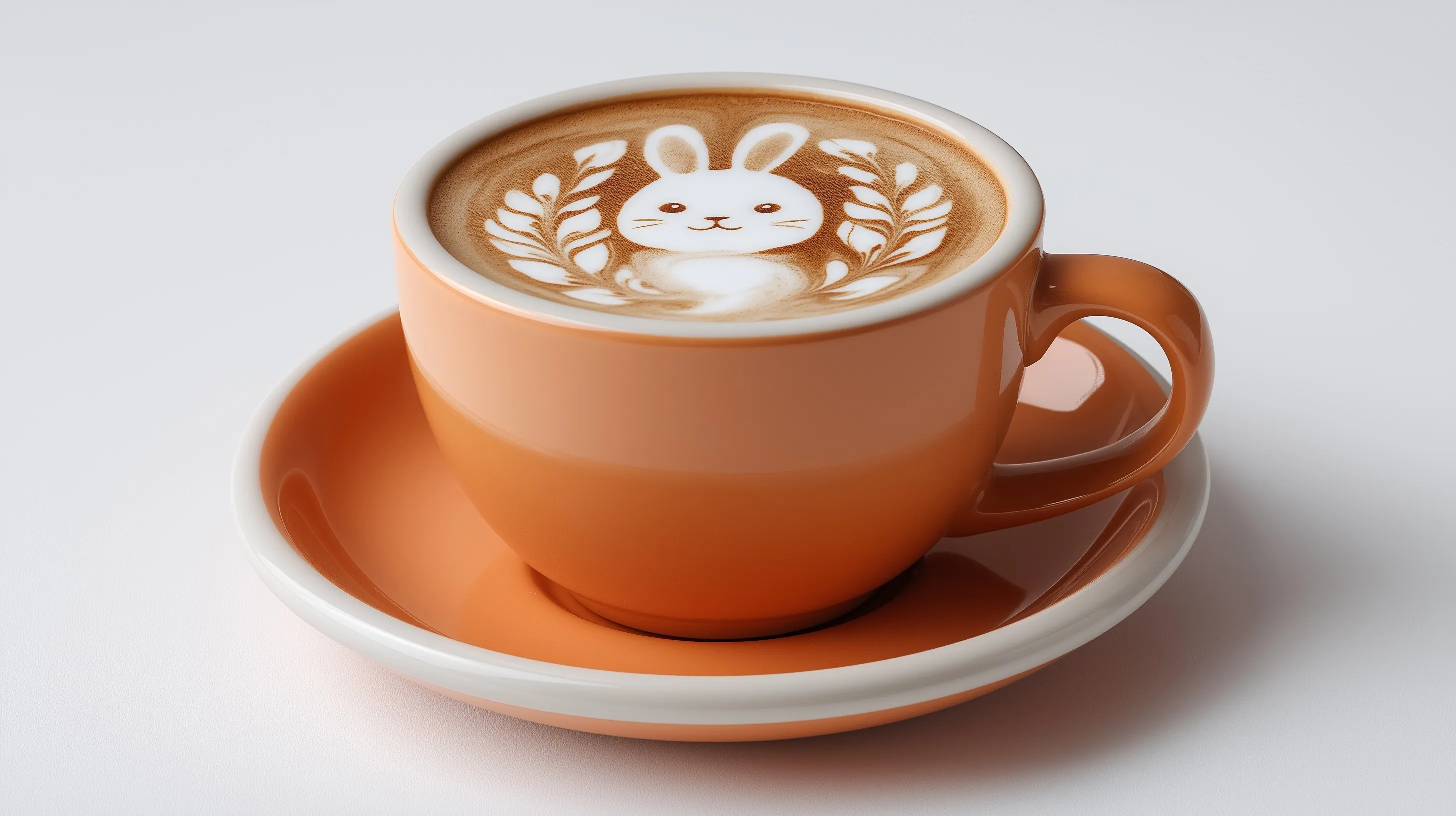 A cup of cappuccino in an orange mug featuring cute bunny latte art, isolated on a clean white background.