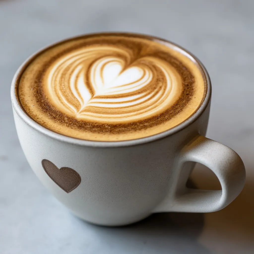 A professional latte with heart-shaped coffee art in a white ceramic cup with a T-shaped handle on a matte surface.