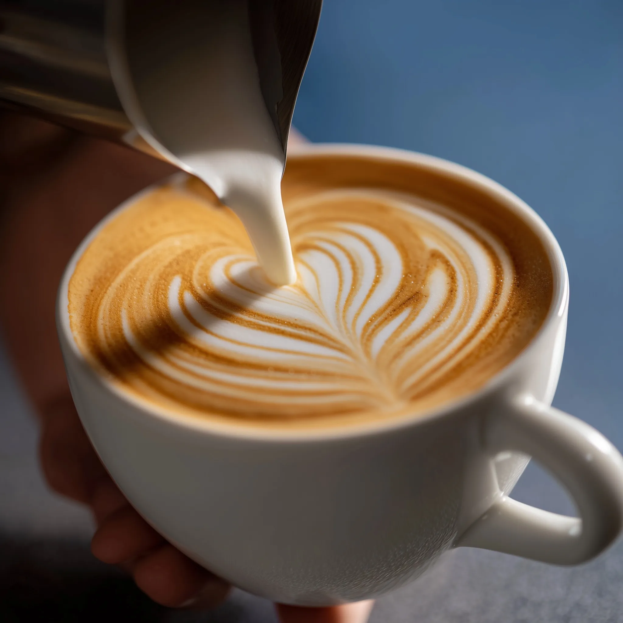 Professional studio shot of intricate heart latte art in a white cappuccino cup against a deep blue background.
